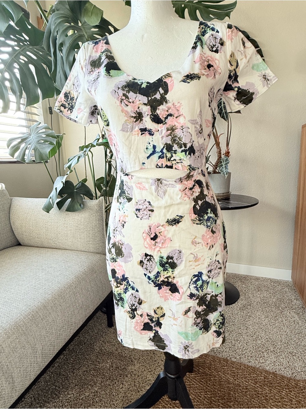Cutout Floral Mini Dress in White with Pastel Bloom Print